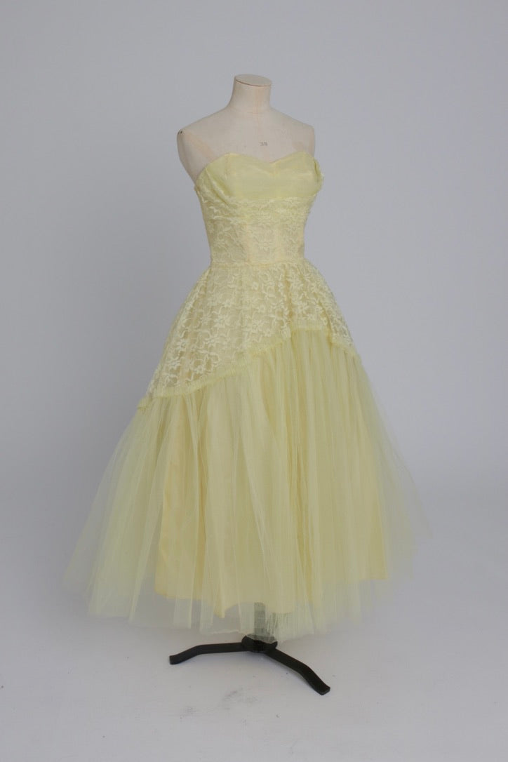 Vintage 1950s original lemon yellow lace and net cocktail dress UK 6 XS