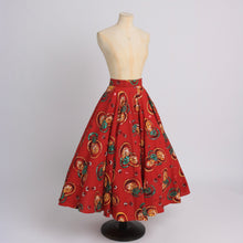 Load image into Gallery viewer, Vintage 1950s original vibrant red circle skirt with lemons and limes sequin embellished UK 6 US 2 XS
