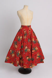 Vintage 1950s original vibrant red circle skirt with lemons and limes sequin embellished UK 6 US 2 XS