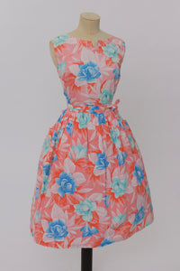 Vintage 1950s original pink floral print cotton dress with HUGE pockets UK 12 14 US 8 10 M