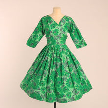 Load image into Gallery viewer, Vintage 1950s original dress made from Calpreta permanent sheen floral print cotton UK 8 US 4 S
