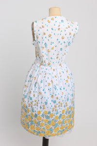 Vintage 1950s original floral border print cotton dress button front uK 8 US 4 S