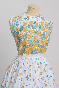 Vintage 1950s original floral border print cotton dress button front uK 8 US 4 S