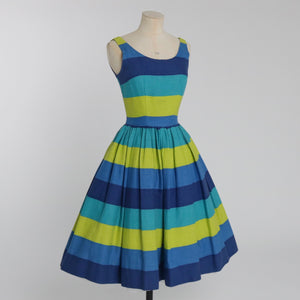 Vintage 1950s original thick cotton blue green stripe dress by Alfred Werber UK 6 US 2 XS