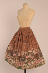 Vintage 1950s original novelty Vienna border scenic print cotton skirt UK 6 US 2 XS