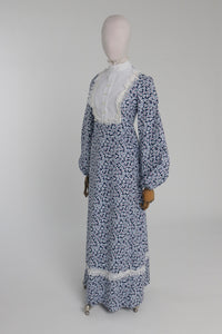 Vintage 1970s original blue cotton floral print maxi dress UK 8 10 US 4 6 S M