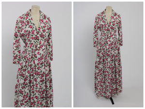 Vintage 1950s original rose print full length cotton housecoat dress UK 10 US 6 S