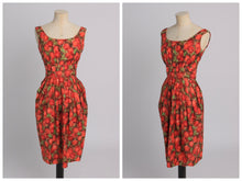 Load image into Gallery viewer, Vintage 1950s original novelty print Polly Peck Miss Polly cherry print cotton dress UK 6 US 2 XS
