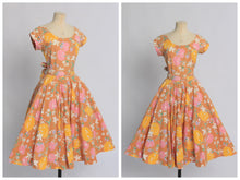 Load image into Gallery viewer, Vintage 1950s original tan fruit and floral print Horrockses dress UK 6 8 US 2 4 XS S
