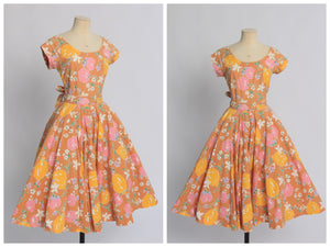 Vintage 1950s original tan fruit and floral print Horrockses dress UK 6 8 US 2 4 XS S