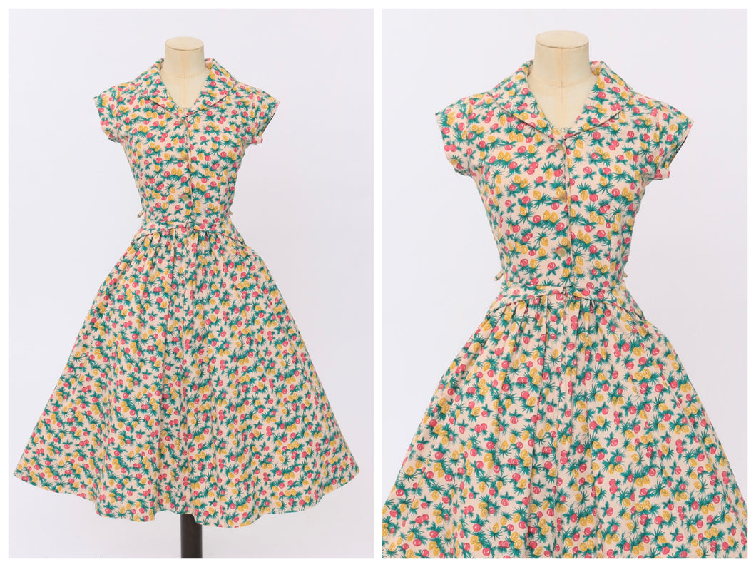 Vintage 1950s original novelty fruit print cotton dress pineapple etc by Debut dress UK 8 US 4 S