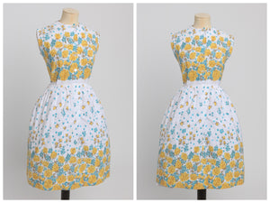 Vintage 1950s original floral border print cotton dress button front uK 8 US 4 S