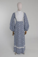 Load image into Gallery viewer, Vintage 1970s original blue cotton floral print maxi dress UK 8 10 US 4 6 S M
