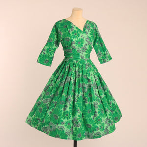 Vintage 1950s original dress made from Calpreta permanent sheen floral print cotton UK 8 US 4 S