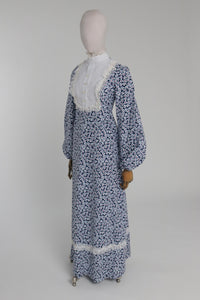 Vintage 1970s original blue cotton floral print maxi dress UK 8 10 US 4 6 S M