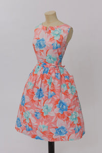 Vintage 1950s original pink floral print cotton dress with HUGE pockets UK 12 14 US 8 10 M
