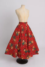 Load image into Gallery viewer, Vintage 1950s original vibrant red circle skirt with lemons and limes sequin embellished UK 6 US 2 XS
