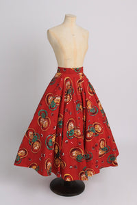 Vintage 1950s original vibrant red circle skirt with lemons and limes sequin embellished UK 6 US 2 XS