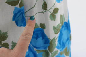 Vintage 1950s original blue and green floral rose print cotton skirt UK 6 US 2 XS