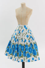 Load image into Gallery viewer, Vintage 1950s original blue and green floral rose print cotton skirt UK 6 US 2 XS
