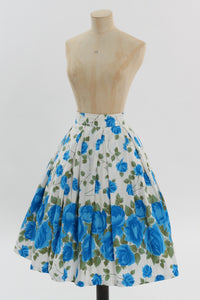 Vintage 1950s original blue and green floral rose print cotton skirt UK 6 US 2 XS