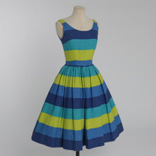 Load image into Gallery viewer, Vintage 1950s original thick cotton blue green stripe dress by Alfred Werber UK 6 US 2 XS
