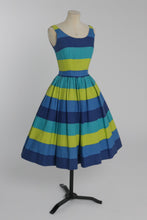 Load image into Gallery viewer, Vintage 1950s original thick cotton blue green stripe dress by Alfred Werber UK 6 US 2 XS
