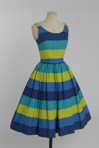 Vintage 1950s original thick cotton blue green stripe dress by Alfred Werber UK 6 US 2 XS