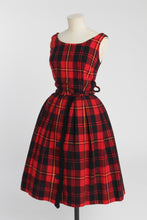 Load image into Gallery viewer, Vintage 1950s original red and black Christmas plaid check dress w statement buttons UK 6 US 2 XS
