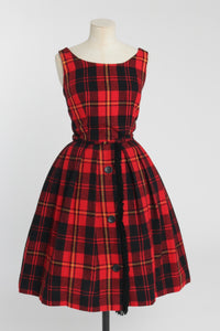 Vintage 1950s original red and black Christmas plaid check dress w statement buttons UK 6 US 2 XS